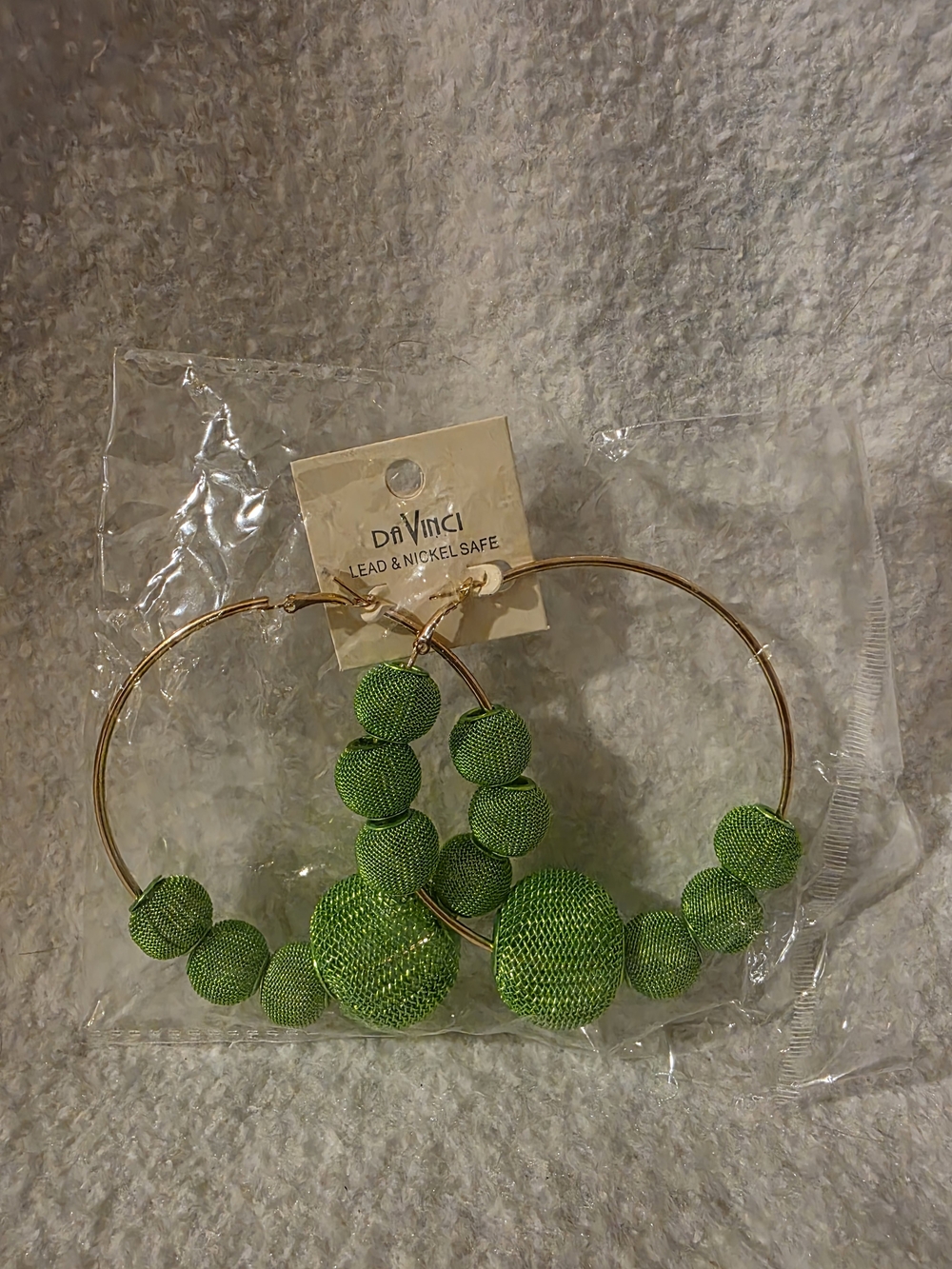 DaVinci Gold Hoop Earrings with Bright Green Beaded Spheres